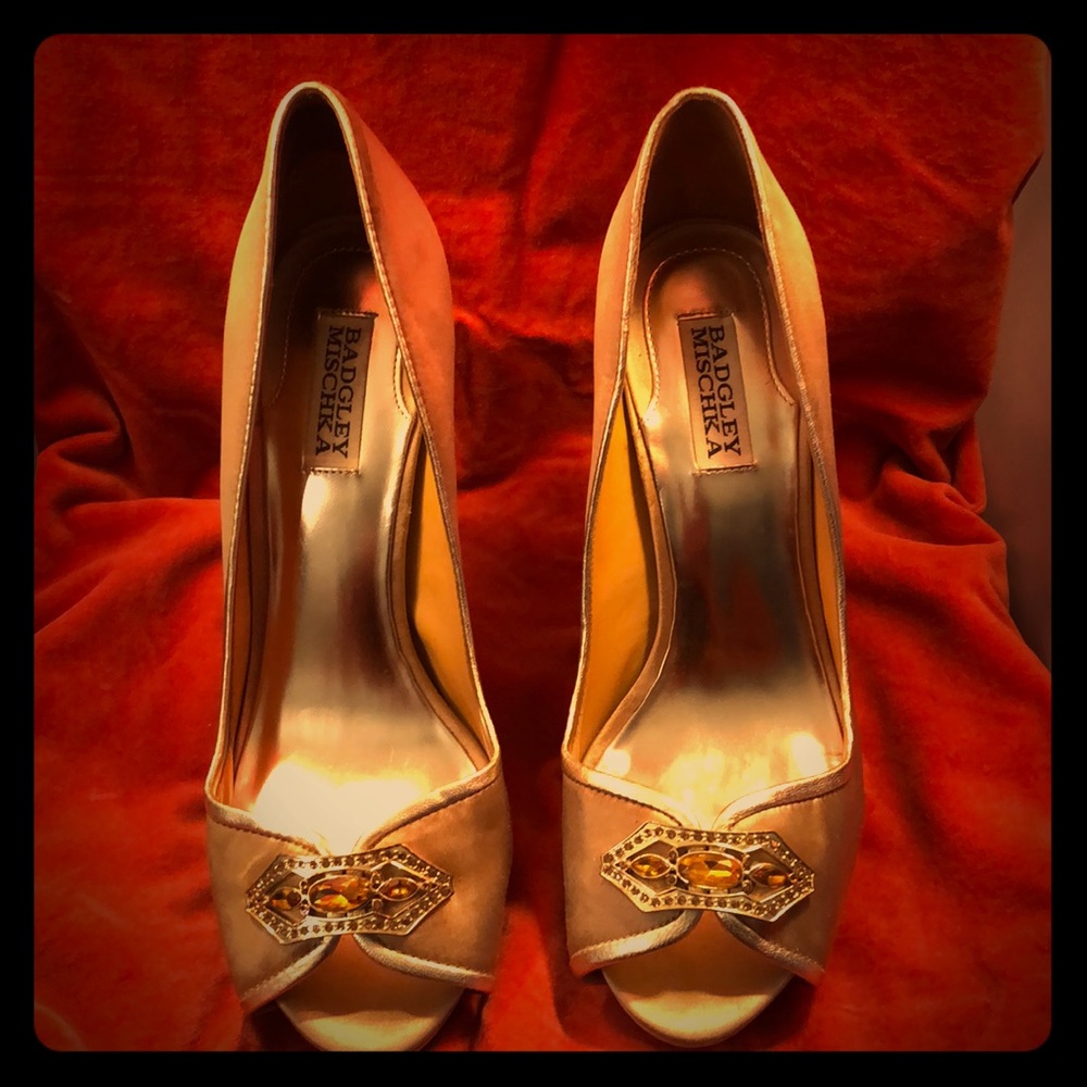 Gold Satin Jeweled Peep-toe Heels